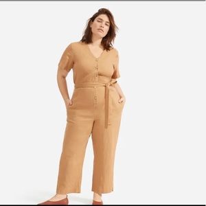 EVERLANE Linen Short Sleeve Jumpsuit Tawny Brown 4